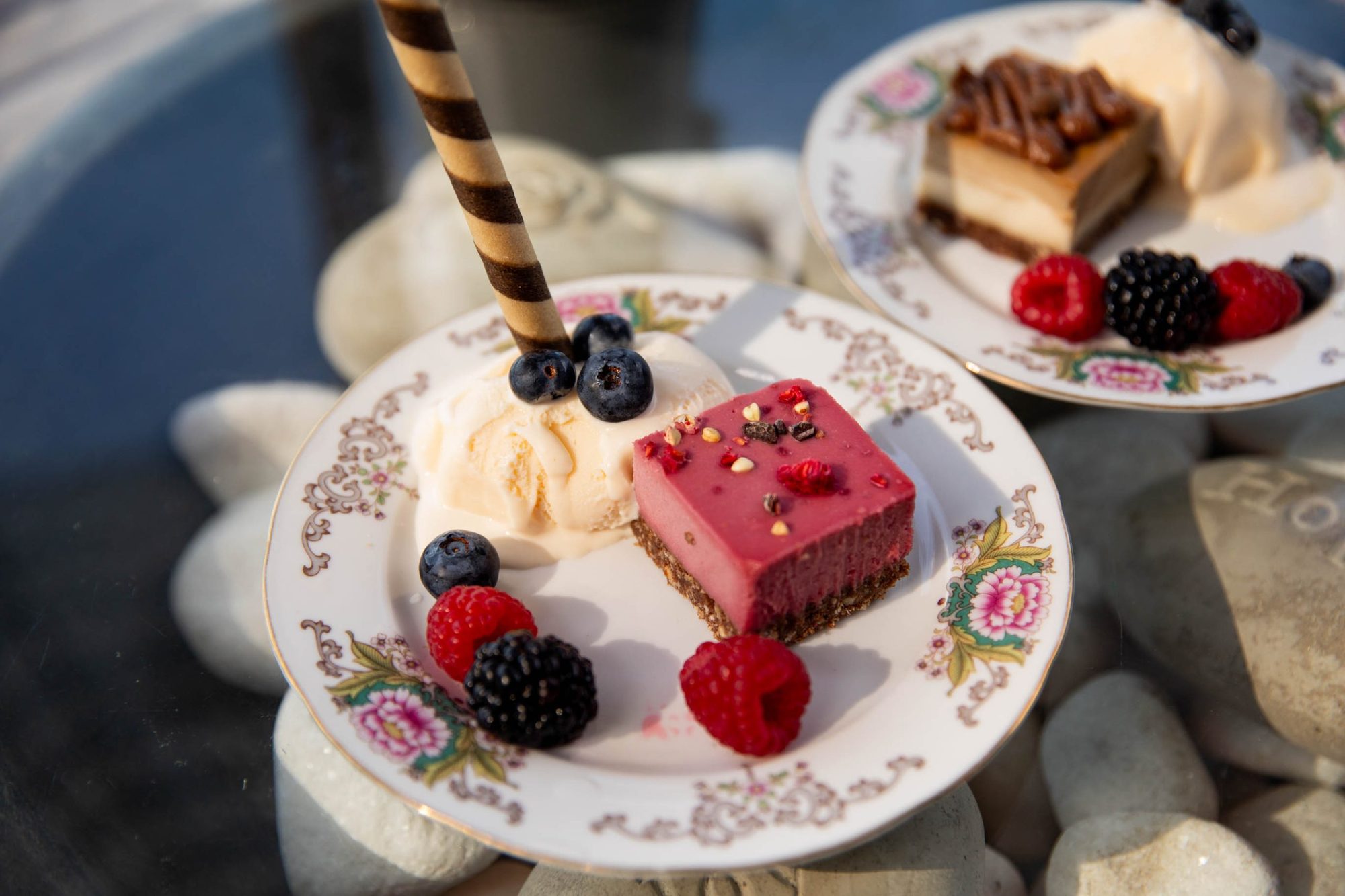 Desserts on vintage floral plates