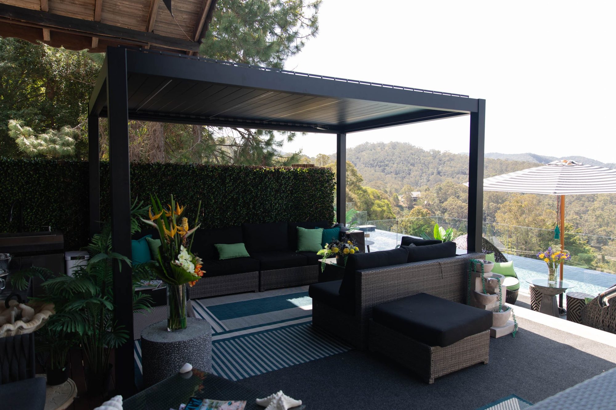 Covered lounge pergola with hinterland views