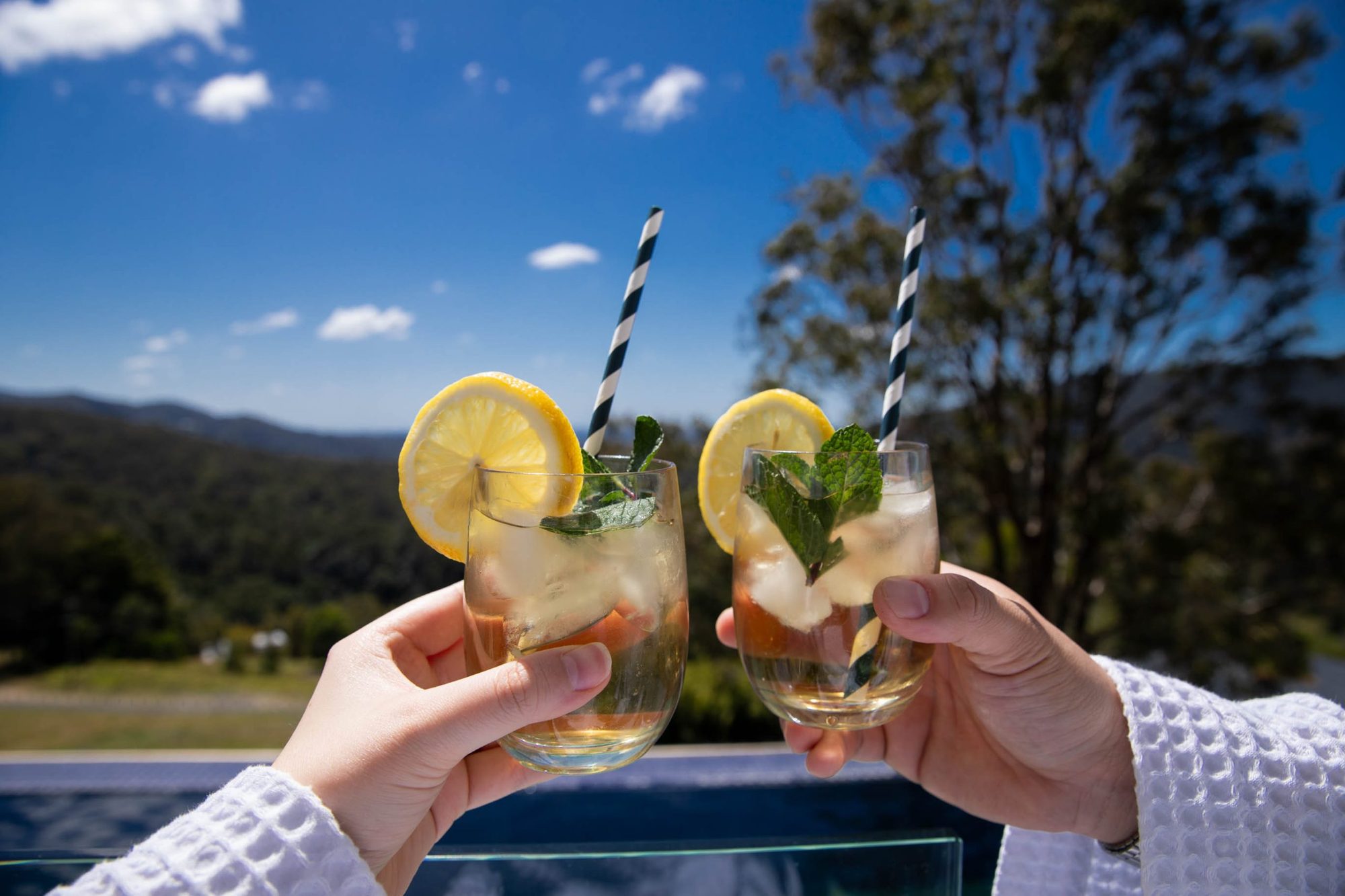 Two guests toasting with iced drinks